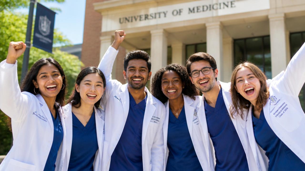 Happy international medical graduates celebrating outside a university